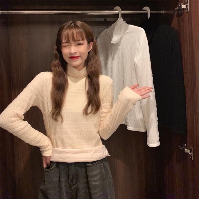 COZOK Áo Thun Dài Tay Cổ Cao Phối Ren Xinh Xắn Dành Cho Nữ
