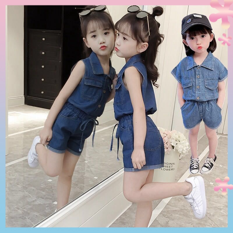 Bộ Áo Thun Cotton + Quần Short Denim Thời Trang Mùa Hè Hàn Quốc Cho Bé Gái