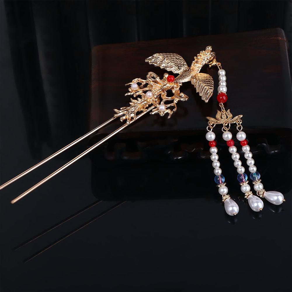 Trâm Cài Tóc Phối Tua Rua Hình Chữ U Họa Tiết Chim Phượng Hoàng Phong Cách Trung Hoa