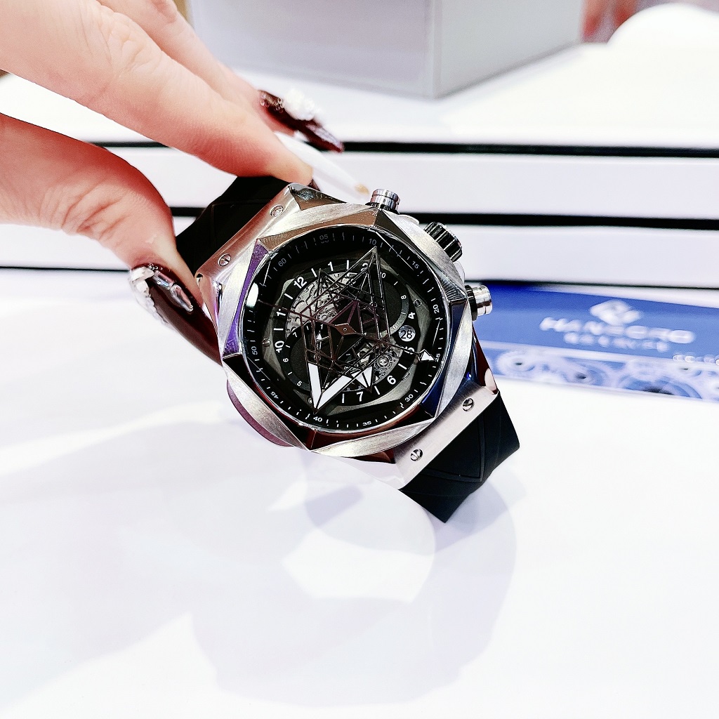 Đồng Hồ Nam Hanboro 998 Tự Động Dây Cao Su Silver 42mm