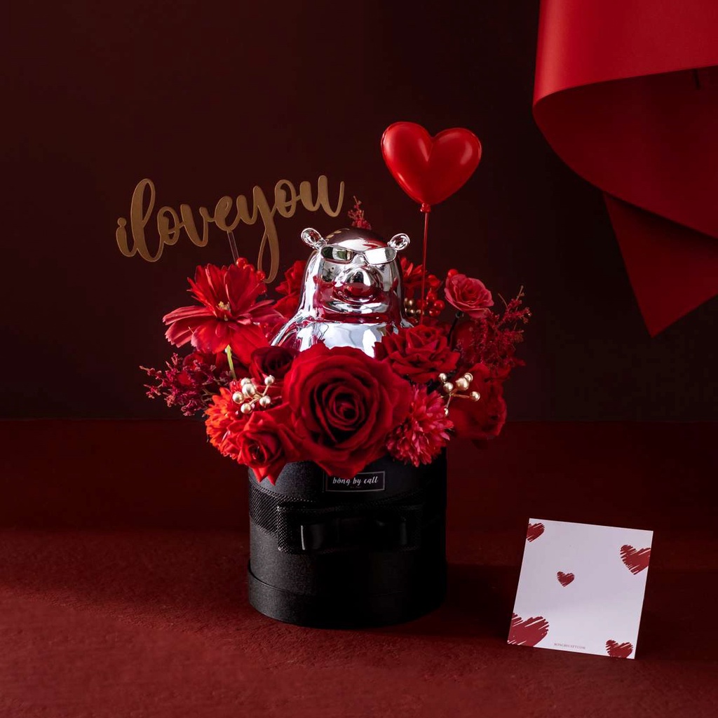 Hộp hoa lụa - Hộp hoa đựng quà tặng valentine kèm gấu siêu đẹp phong cách Hàn Quốc thương hiệu BÔNG BY CATT