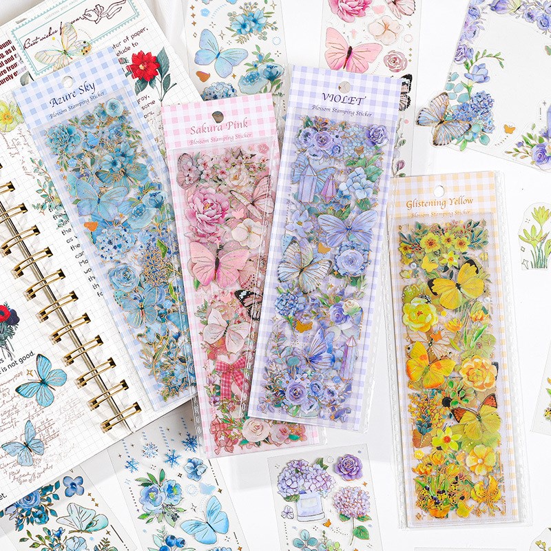 Set 3 Tấm Sticker Dán Trong Suốt Chống Nước Hình Hoa Bướm Nhiều Màu Sắc Lấp Lánh Trang Trí Sổ Tay