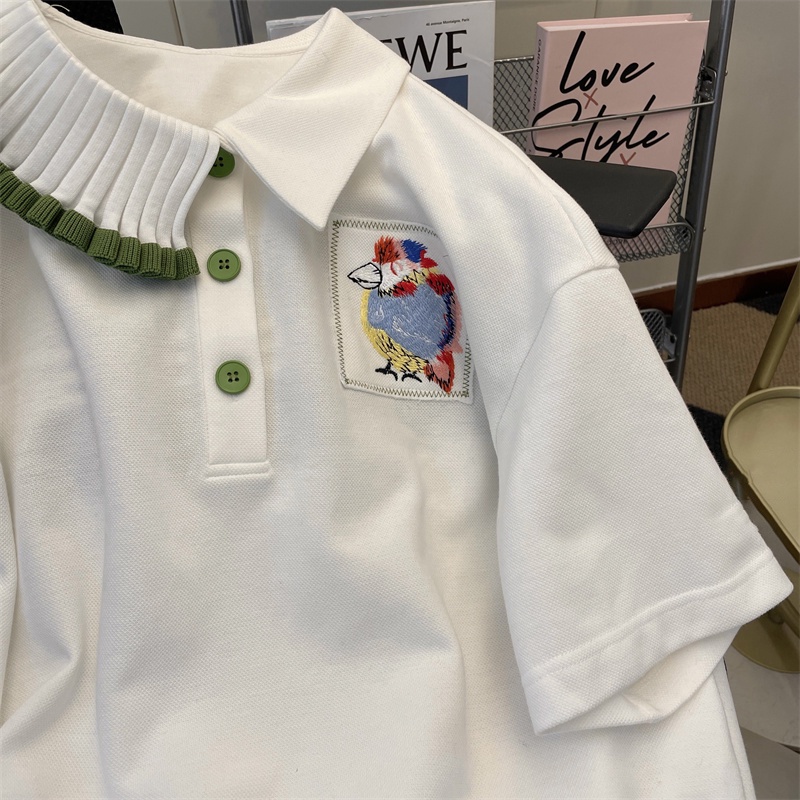 Ethelgirl Áo polo Tay Ngắn Dáng Rộng Thêu Họa Tiết Thời Trang Cho Nữ