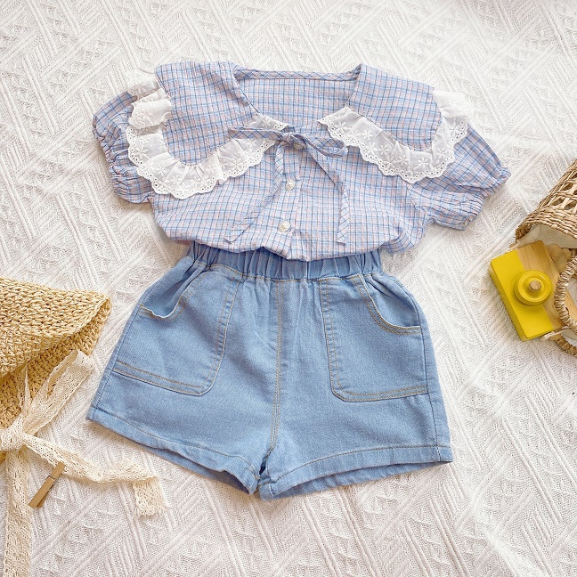 Set áo kiểu caro tay ngắn bé gái quần jean đùi MINTSCLOSET Mint's Closet đồ bé gái 1 2 3 4 5 tuổi - GA2111