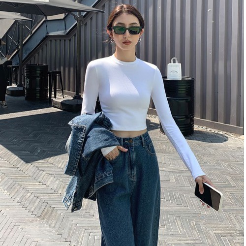 C & M Áo Thun Croptop Ôm Dáng Tay Dài Màu Trắng Trơn Cho Nữ