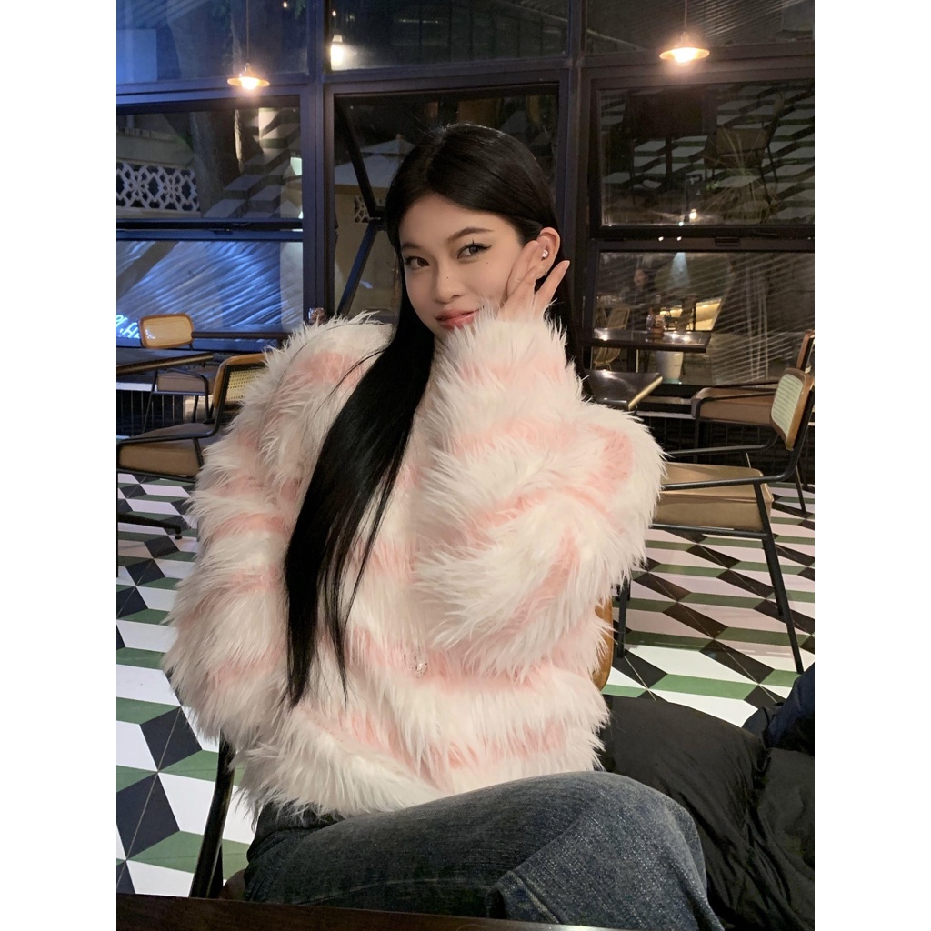 Áo Khoác Cardigan Dệt Kim Giả Lông Chồn Cổ Chữ v Thời Trang Mùa Đông Cho Nữ