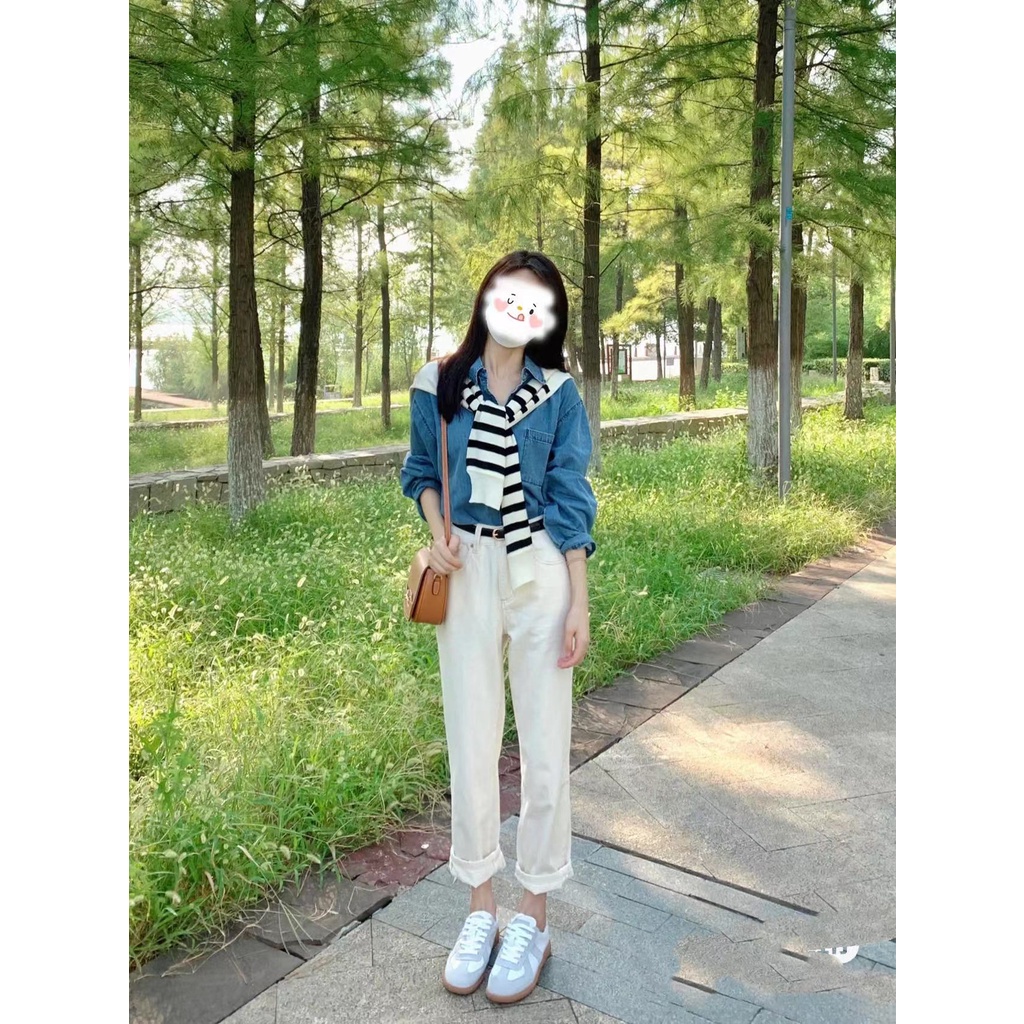 Bộ Áo Sơ Mi Dáng Rộng + Quần Jean Lưng Cao Thời Trang Mùa Thu 2023 Cho Nữ