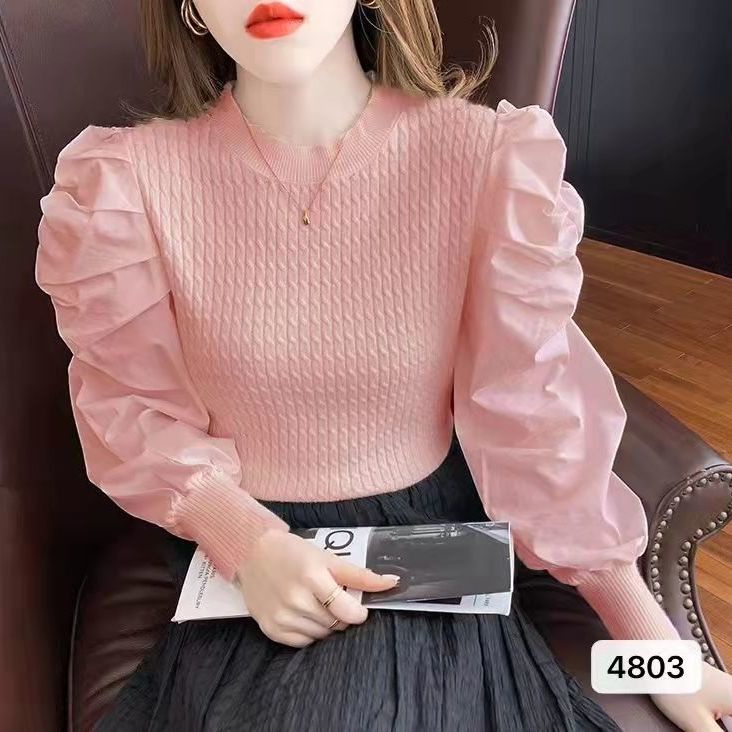 Áo Sweater Dệt Kim Tay Phồng Ôm Dáng Thời Trang Hàn Quốc Cho Nữ