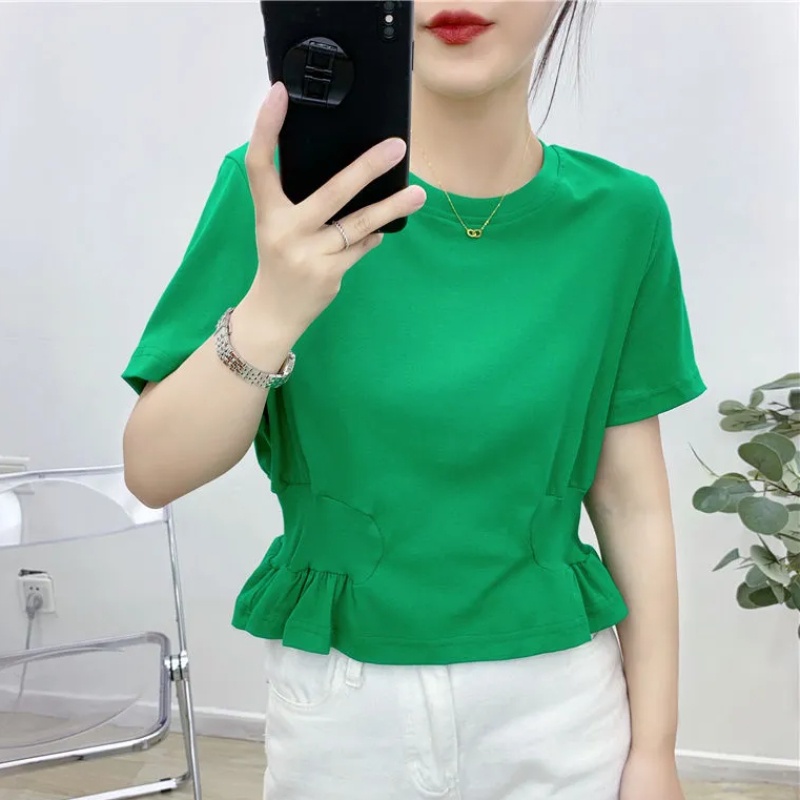 Áo Thun Nữ Ngắn Tay Cổ Tròn Màu Trơn Thời Trang Mùa Hè Mới