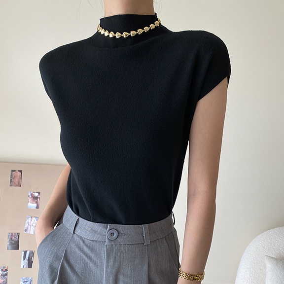 Áo dệt kim SUXI không tay cổ cao ôm dáng thời trang mùa hè cho nữ