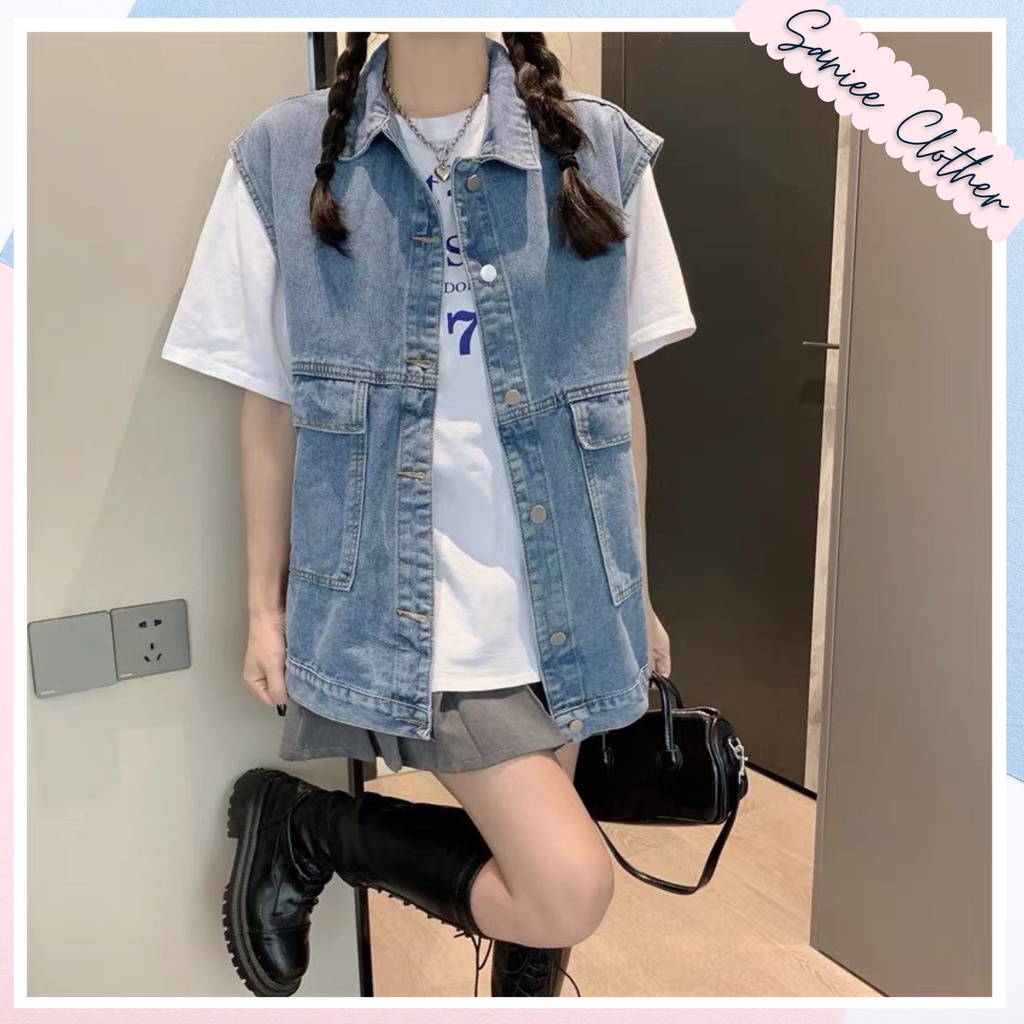 Áo gile jeans nữ dáng hàn, áo khoác bò nữ không tay có túi style đường phố Saniee Clothes