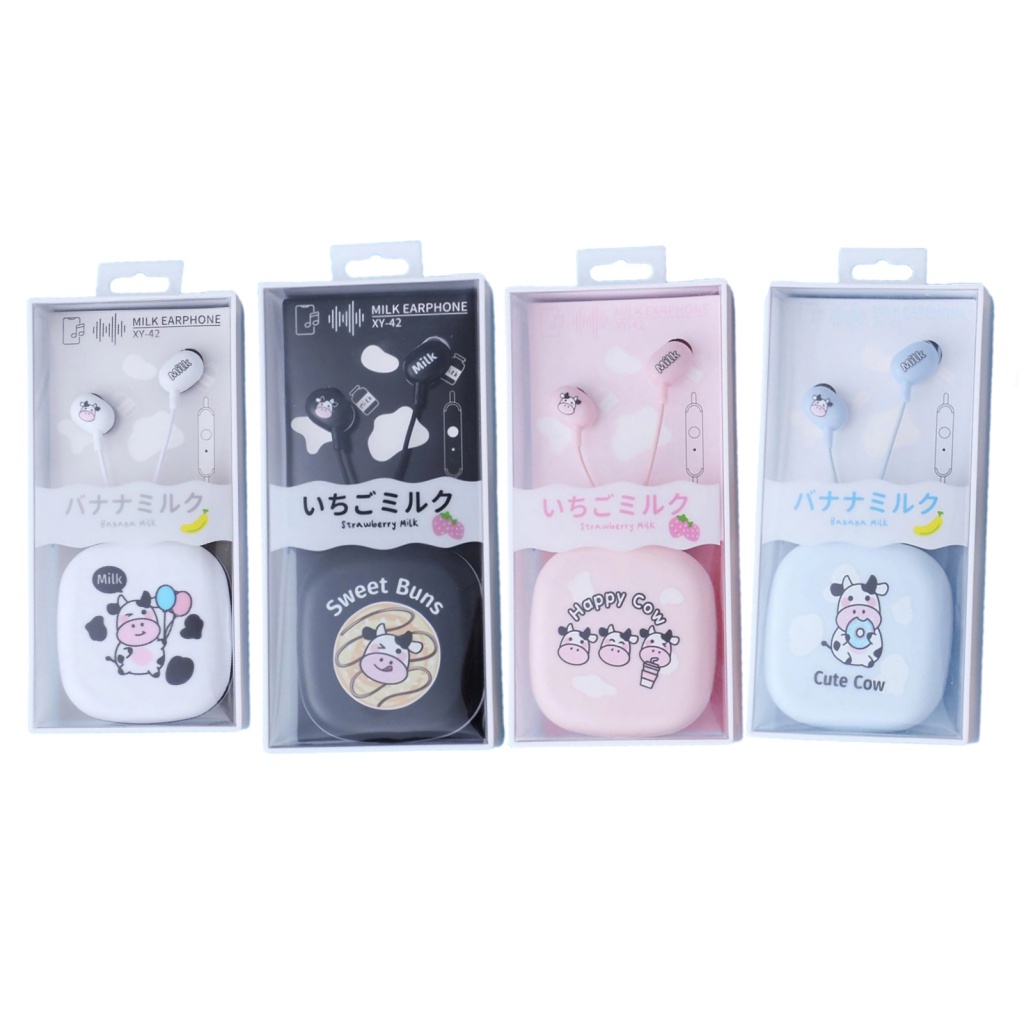 Tai nghe nhét tai LENOVO có dây giắc cắm 3.5mm giảm tiếng ồn có hộp đựng họa tiết bò sữa hoạt hình đáng yêu