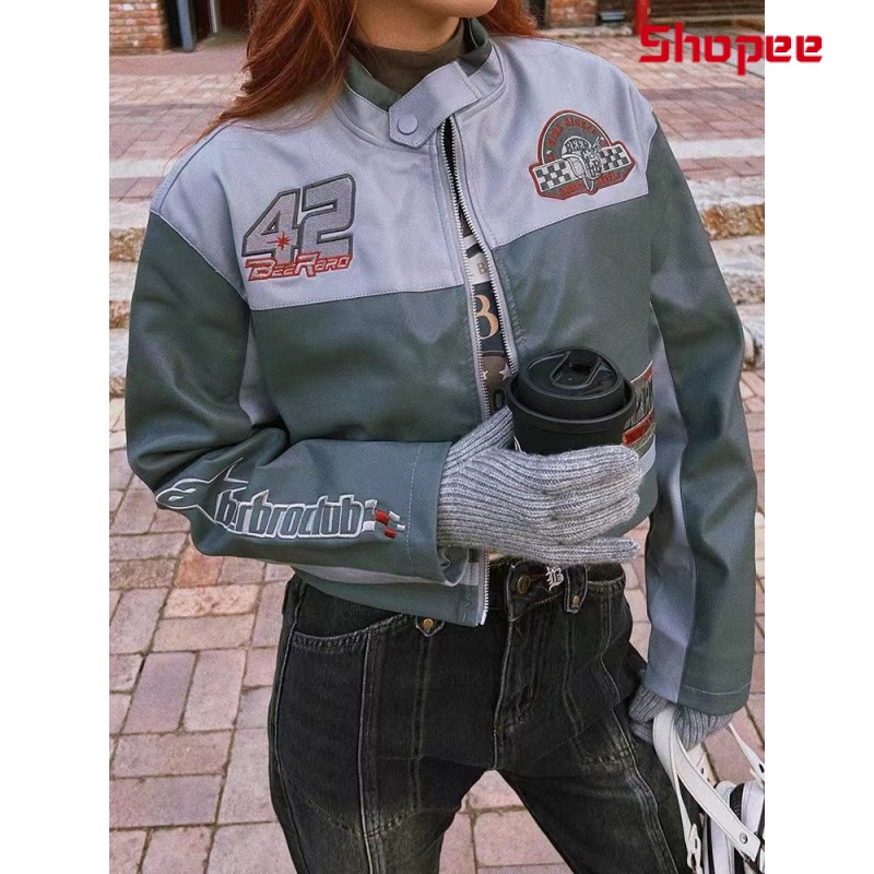 Áo Khoác Da Pu xe máy mẫu ngắn hot girl cổ điển kiểu Mỹ mẫu mới Áo Jacket đua xe màu tương phản đường phố mùa đông cho nữ