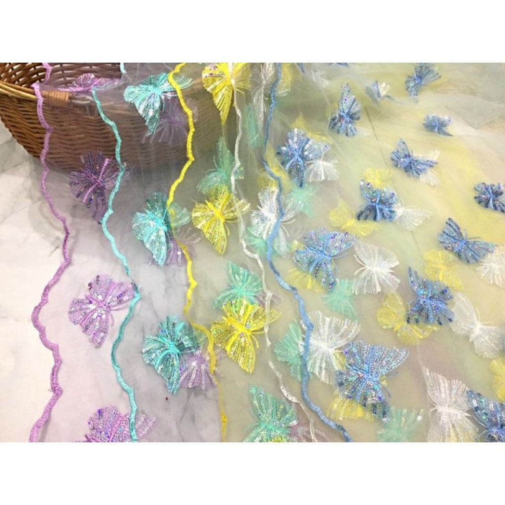 Tấm Vải Ren Lưới Thêu Hình Bướm Đính Kim Sa Lấp Lánh Dùng May Quần Áo DIY