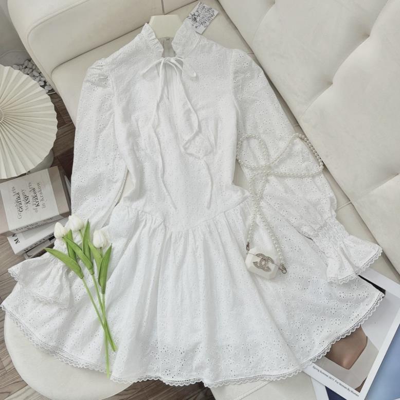 Váy Thô Ren Trắng Cổ V Tay Chun Tiểu Thư Siêu Xinh Hàng 2 Lớp Samiboutique