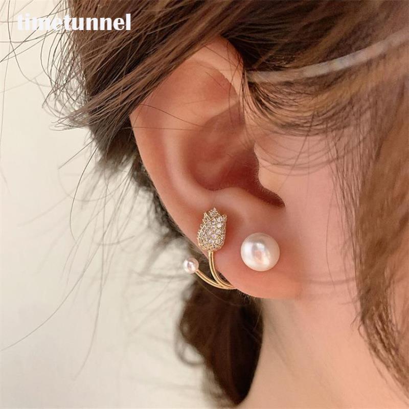 Bông Tai Mạ Bạc 925 Hình Hoa Tulip Đính Ngọc Trai Đơn Giản Thời Trang Cho Nữ