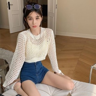 Áo Len Tay Dài Mỏng Dáng Rộng Hở Lỗ Bảo Vệ Chống Nắng Dành Cho Nữ