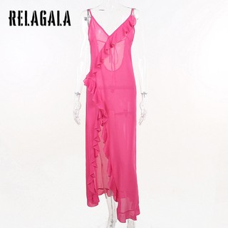 RelaGala Thời Trang Nữ Màu Trơn Gợi Cảm Cổ Chữ V Nhìn Xuyên Qua Ruffle Backless Dây Đầm