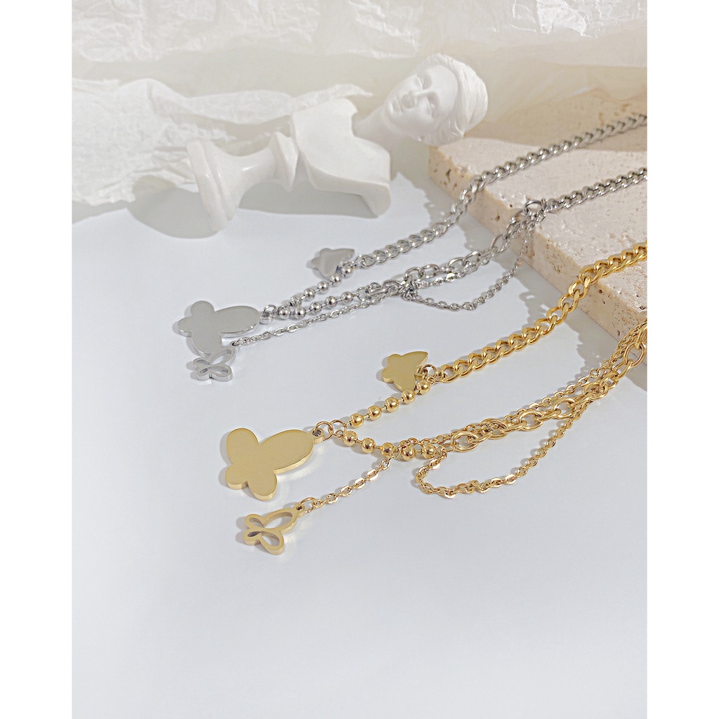 Vòng cổ Mặt Hình Bướm Phối Tua Rua Bằng Thép Không Gỉ Phong Cách Hàn Quốc