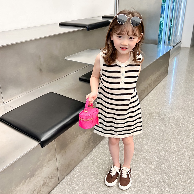 Đầm IQ ANGEL từ cotton họa tiết kẻ sọc nhanh khô thoáng khí thời trang cho bé gái