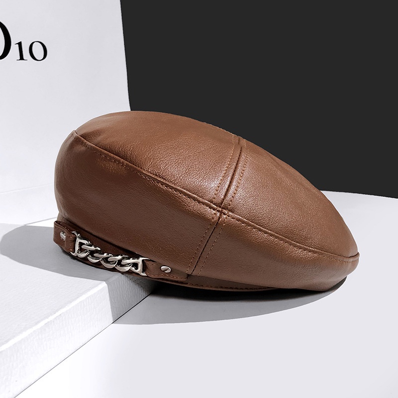 Mũ beret Da pu Cao Cấp Phối Dây Xích Phong Cách Anh Quốc Nhật Hàn Cho Nam Nữ