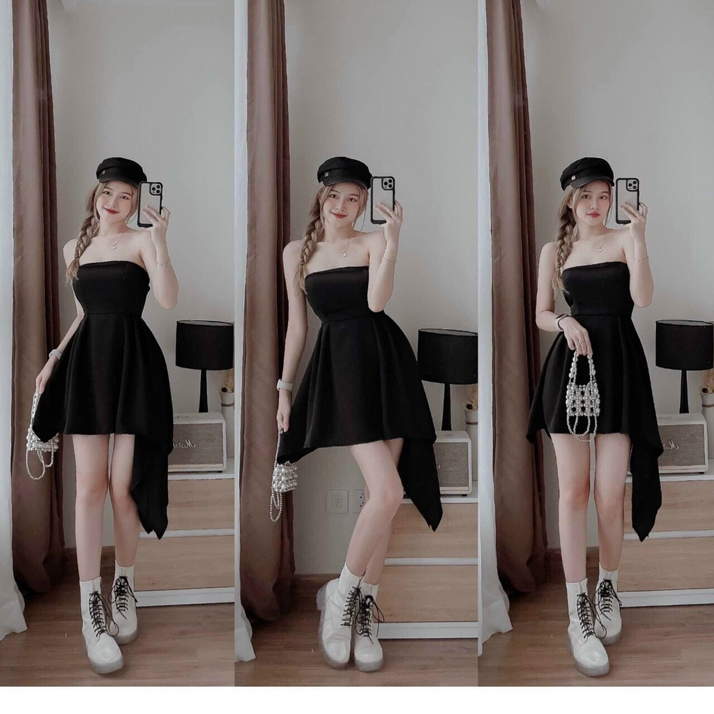 Đầm nữ tiểu thư cúp ngực rớt tà dưới sang chảnh với tone màu đen dể phối phụ kiện xinh xắn dành cho các nàng
