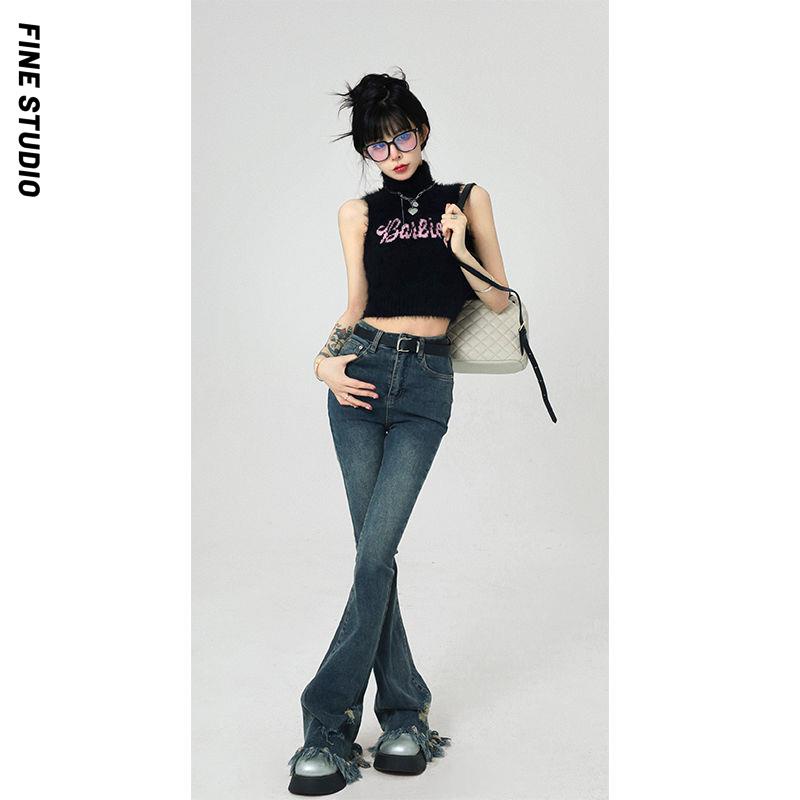 Fine Studio Áo Sweater Dệt Kim Lông Chồn Hai Dây Cổ Cao Phong Cách Retro Thu Đông Mới Cho Nữ