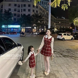 VÁY DẠ KẺ ĐỎ PHA SƠ MI