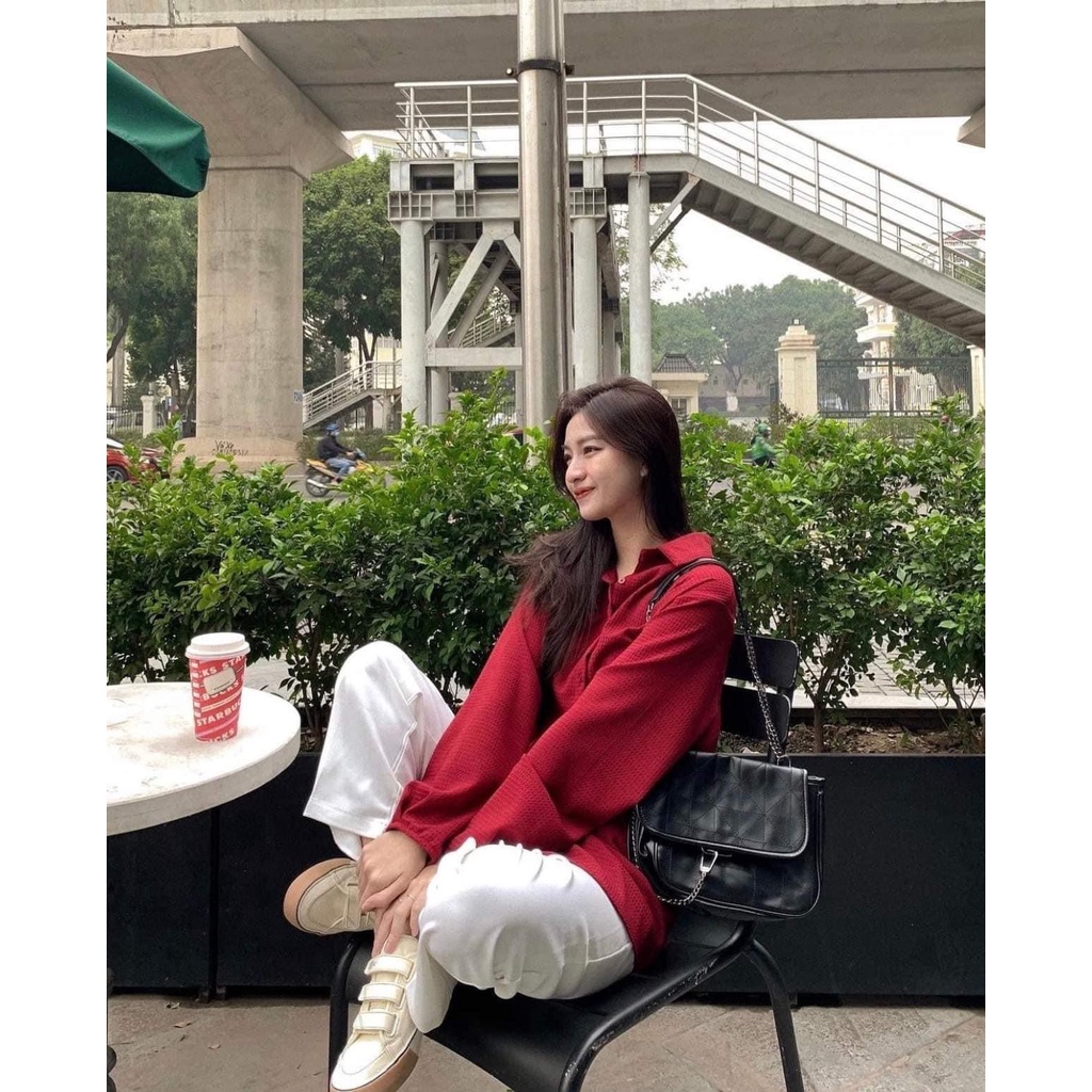 [FREESHIP] Áo sơ mi Hàn Quốc chất xốp màu đỏ  tay lỡ dáng rộng Ulzzang  Ảnh thật 1000%