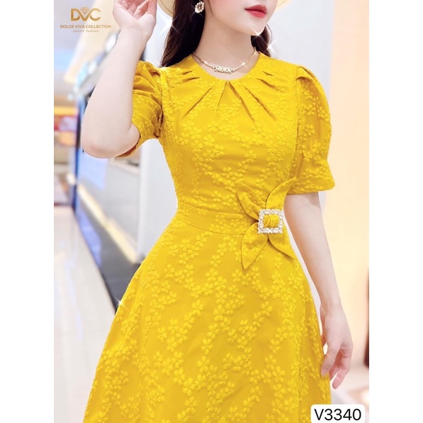 V3340 váy xoè hoa màu vàng