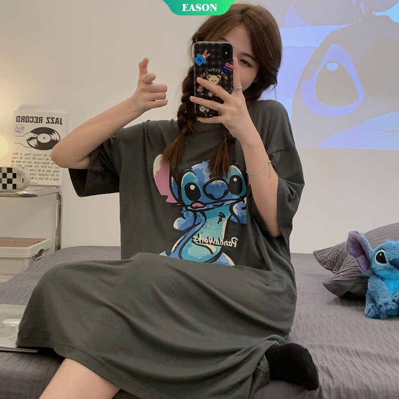 Đầm Ngủ Tay Ngắn Dáng Rộng In Hoạt Hình Stitch Nhật Bản Thời Trang Mùa Hè 2023