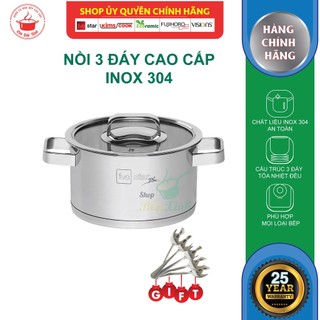 Nồi inox 304 Fivestar 3 đáy quai vuông nắp kính,dùng được bếp từ (16cm / 18cm / 20cm / 24cm ) , tặng 5 muỗng