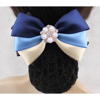 Kẹp tóc búi lưới handmade nơ 3 đính hoa tròn cao cấp