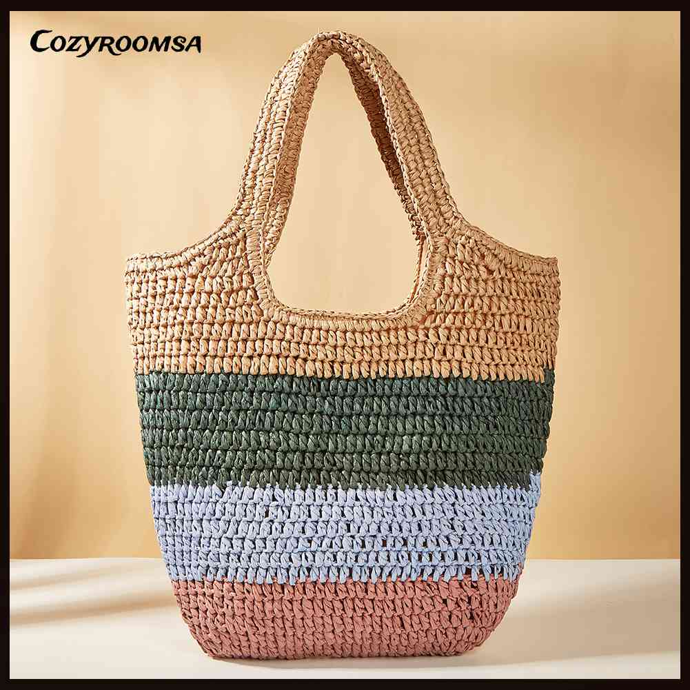 Túi Đeo Vai Đan Rơm Họa Tiết Kẻ Sọc Màu Sắc Tương Phản Thời Trang Đi Biển Mùa Hè