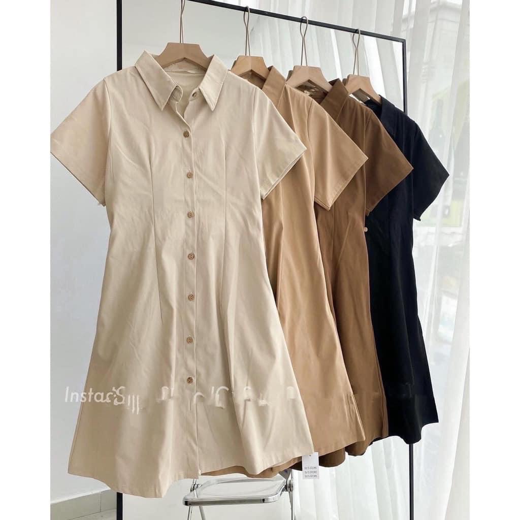 Váy sơ mi cúc gỗ có túi PIKA.CLOTHINGG dáng chữ A có bo chun lưng, Váy polo cổ sơ mi dáng dài chất 2 da thô mềm
