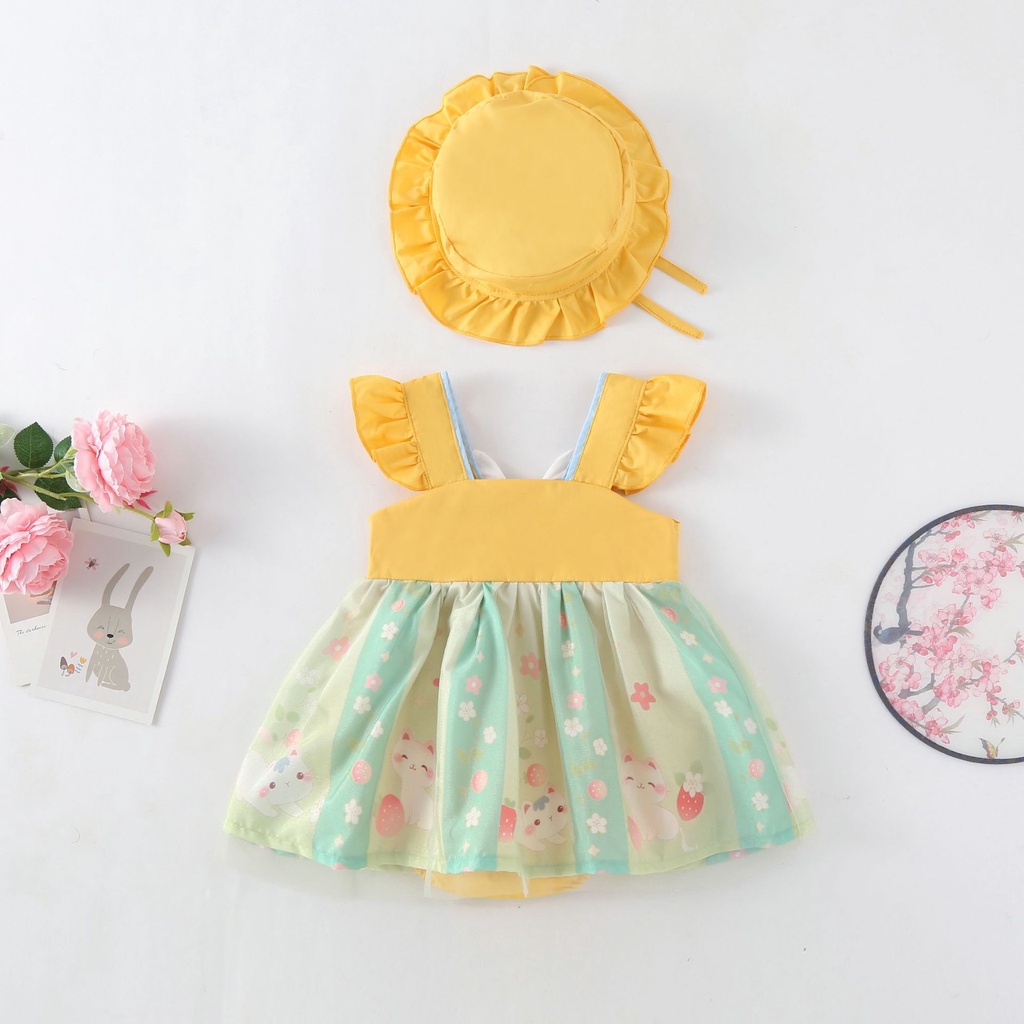 Đầm Hán phục BCBL không tay họa tiết mèo trăng tròn cho bé gái