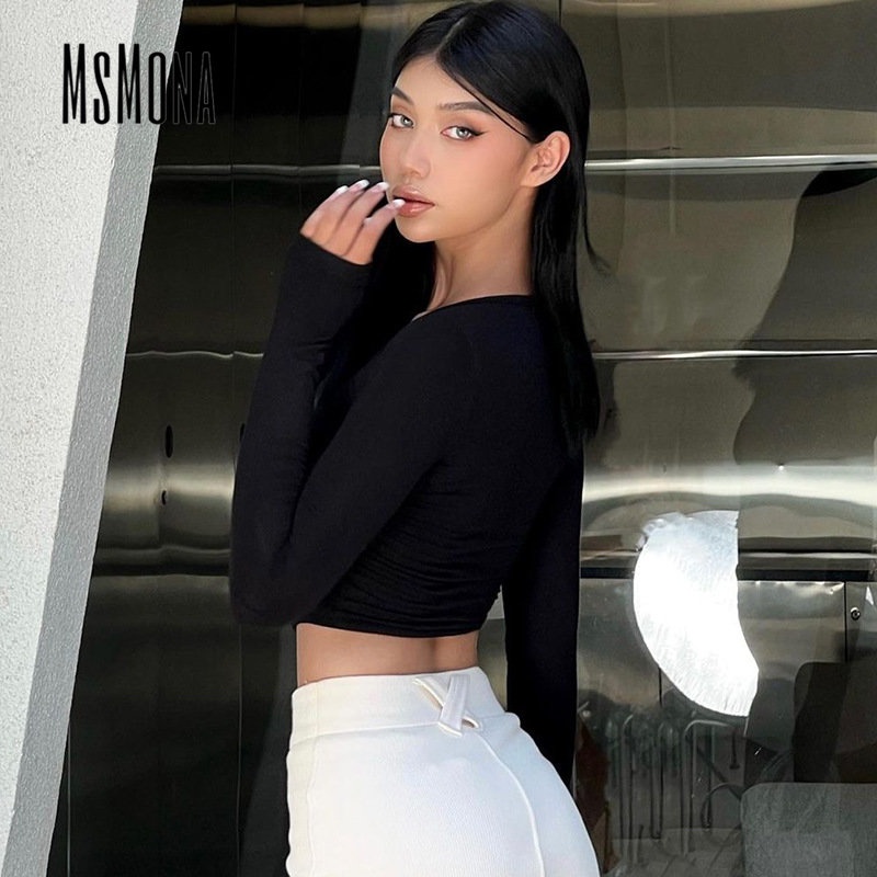 Áo Thun Tay Dài Cổ Tròn Màu Trơn Dáng Ôm Thời Trang 2023 Cho Nữ