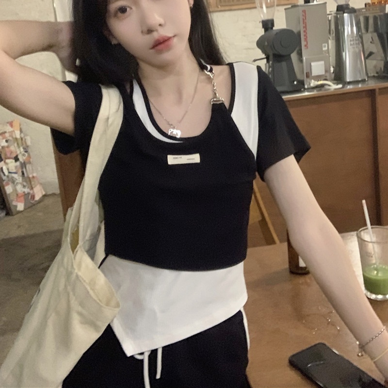 Áo Thun Ngắn Tay Màu Sắc Tương Phản Phong Cách Hàn Quốc Cho Nữ