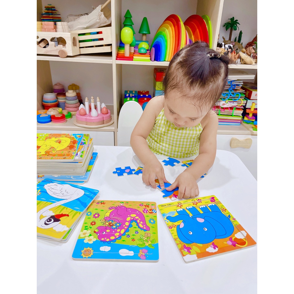 Tranh gỗ ghép hình 9 mảnh nhiều hình ngộ nghĩnh size to 15*15cm cho bé