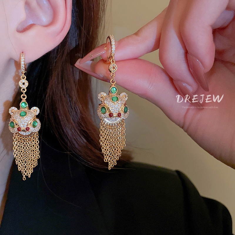 Bộ Khuyên Tai Mạ Vàng Đính Đá Zircon Hình Sư Tử Phong Cách Trung Hoa Cao Cấp 1