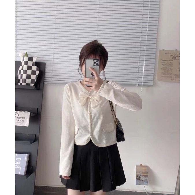 Áo kiểu nữ tay dài kèm nơ hàng Quảng Châu xốp tăm, áo khoác mùa đông nữ thời trang Hàn Quốc giả túi dài tay 89701 5