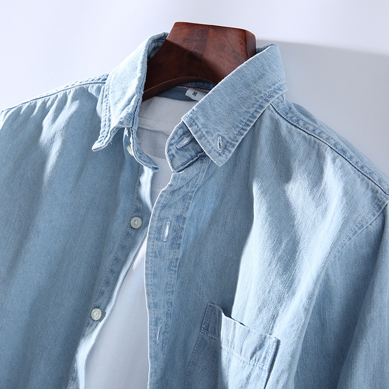 Áo Sơ Mi Denim Cotton Mềm Dài Tay Màu Trơn Phối Một Túi Phong Cách Retro Mùa Thu Cho Nam