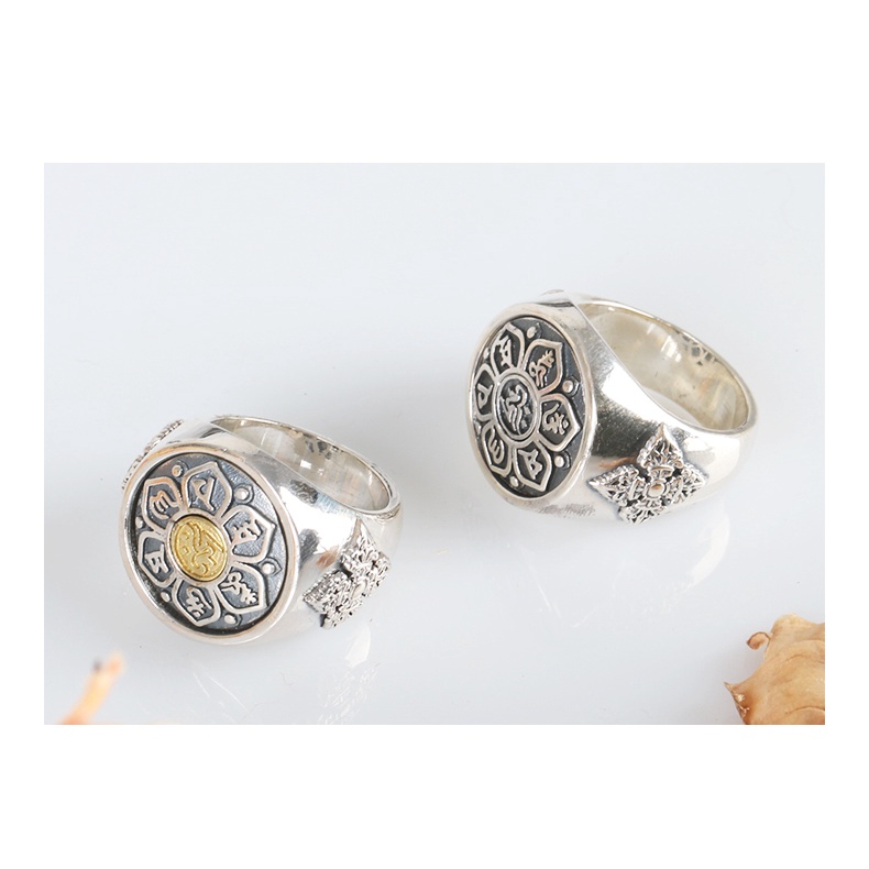 Nhẫn Bạc Khắc Sáu Cung Điện Gossip Heart Sutra Buddh Có Thể Xoay Được Cho Nam