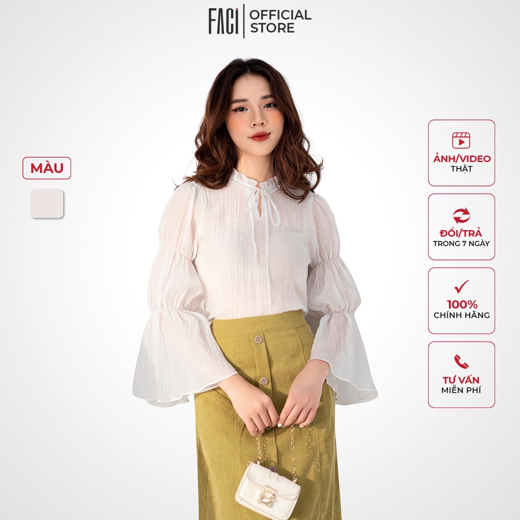 Áo Sơ Mi Nữ FACI Yara Dáng Suông Cổ Bèo Có Dây Buộc Tay Bồng Cách Điệu Chất Tơ Ý Cao Cấp FA168