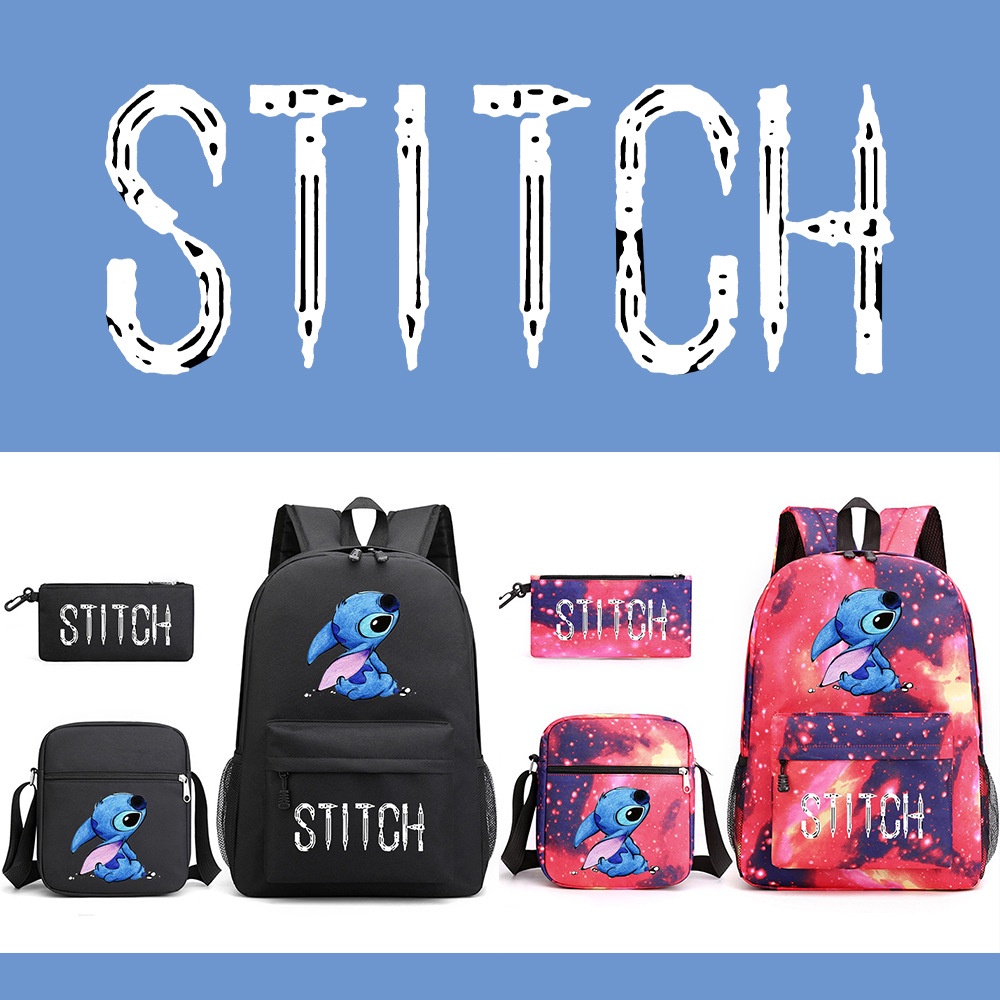Set 3 Món Ba Lô Túi Ví Họa Tiết Hoạt Hình Stitch Dễ Thương Cho Bé