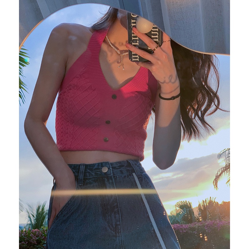 Áo Hai Dây Dệt Kim Cổ Chữ v Màu Trơn Thời Trang