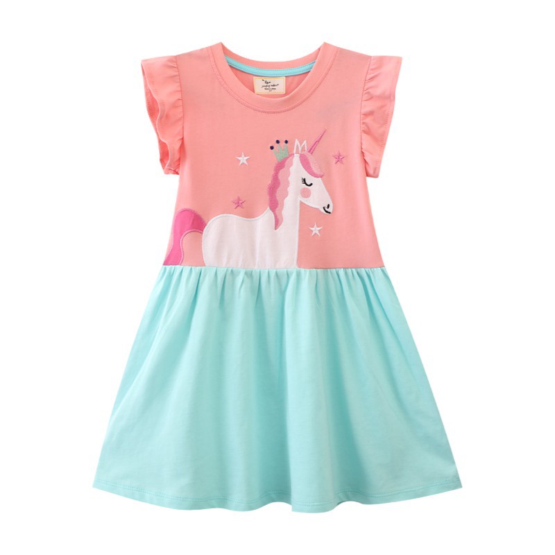 Đầm Cotton Ngắn Tay Thêu Hình Kỳ Lân Thời Trang Cho Bé Gái