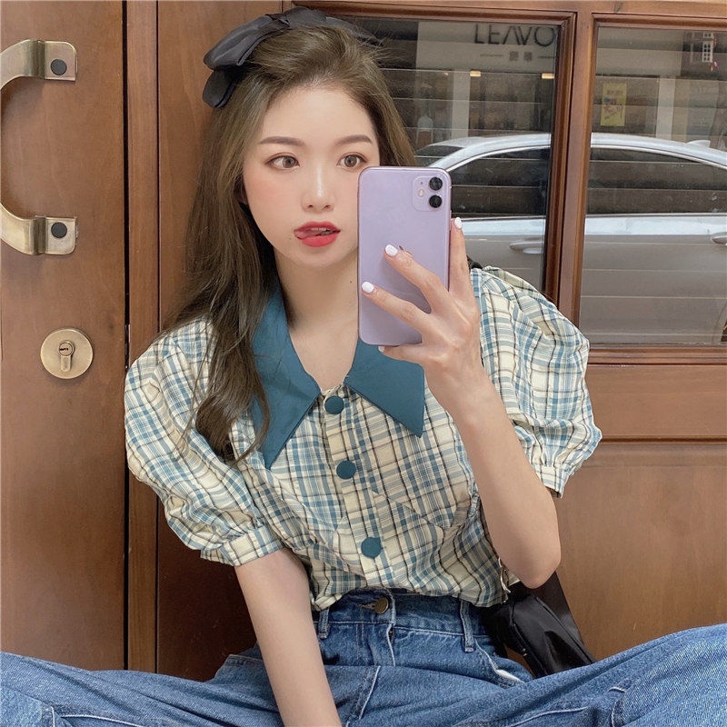 Áo Sơ Mi Tay Phồng Họa Tiết Kẻ Sọc Thời Trang Xuân Thu Phong Cách Mới Cho Nữ