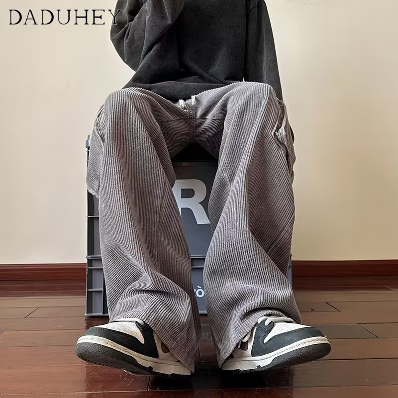 DaDuHey Men's 2023 New Hong Kong Style Cityboy Casual Pants Autumn and Winter Pants Loose Corduroy Overalls