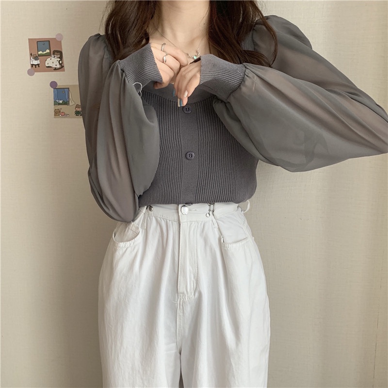 Áo len nữ cổ vuông tay voan bồng MS351